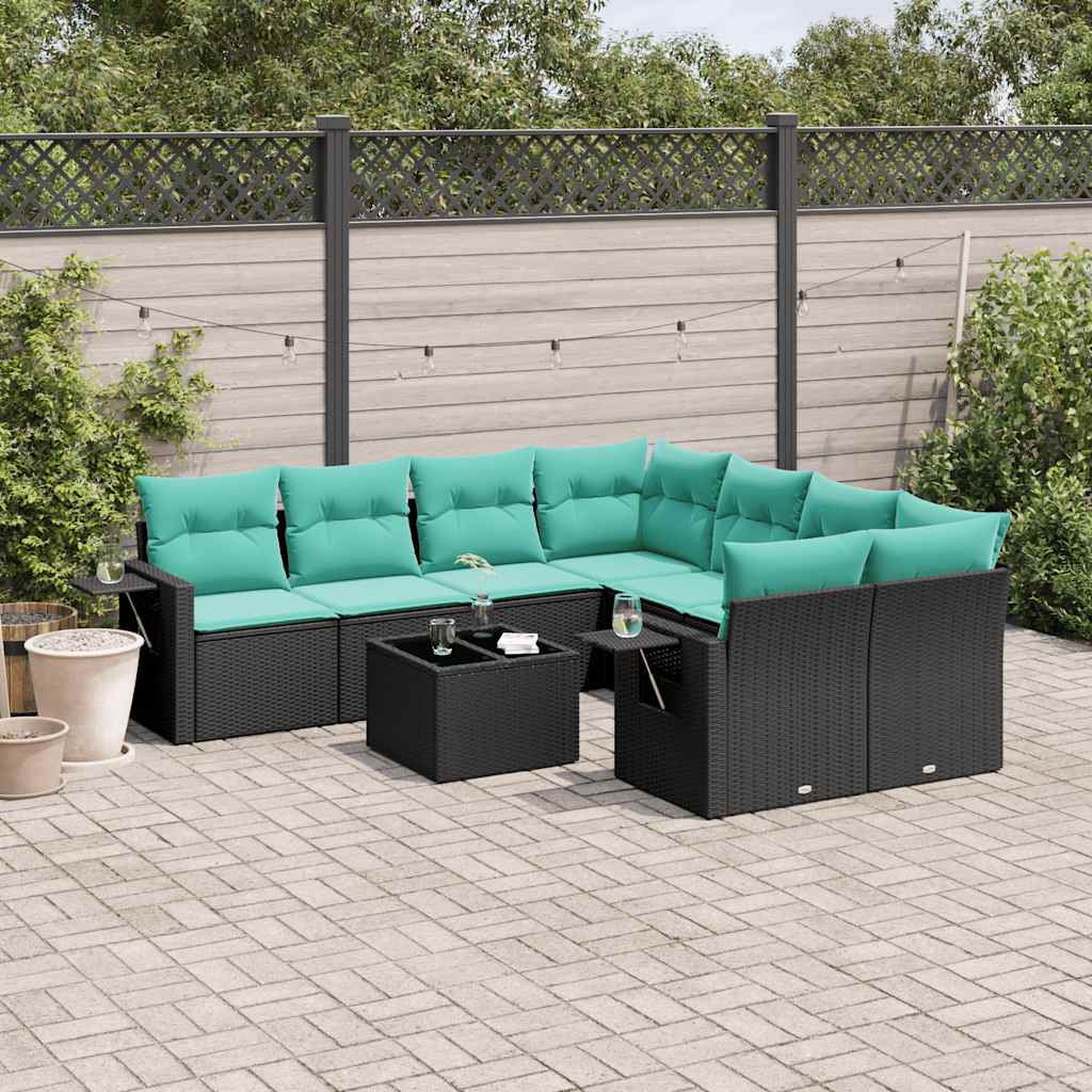 havesofasæt med 9 dele og hynder sort polyrattan