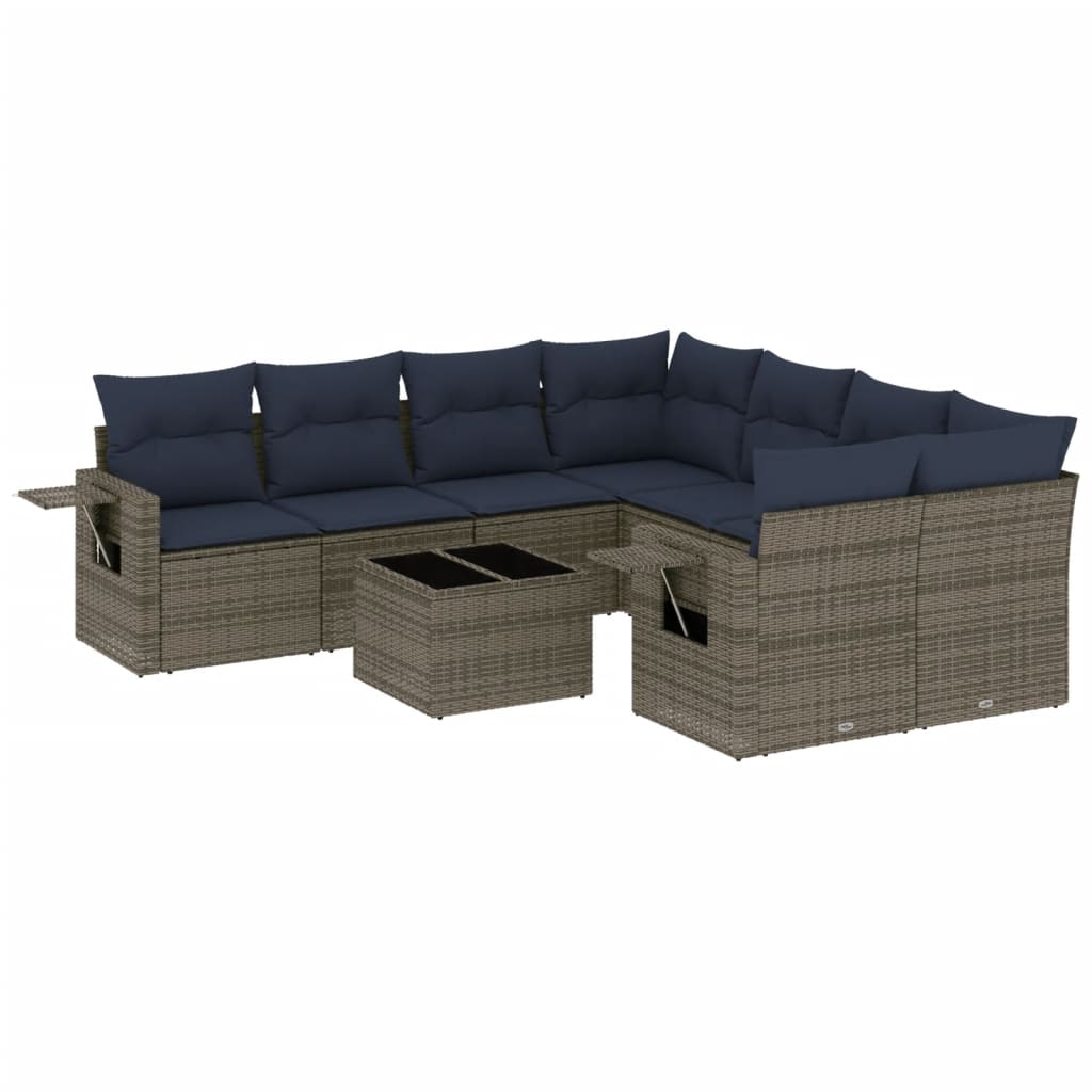 havesofasæt med 9 dele og hynder grå polyrattan