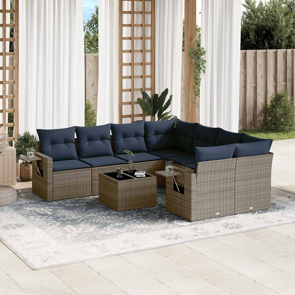 havesofasæt med 9 dele og hynder grå polyrattan