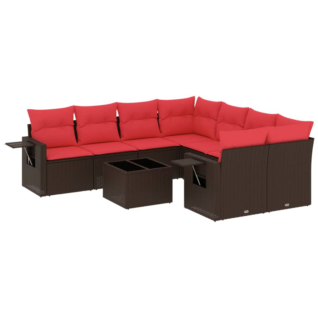 havesofasæt med 9 dele og hynder brun polyrattan