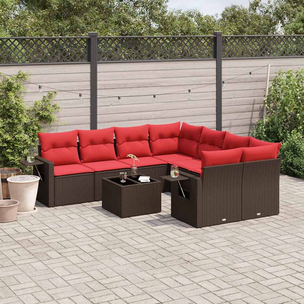 havesofasæt med 9 dele og hynder brun polyrattan