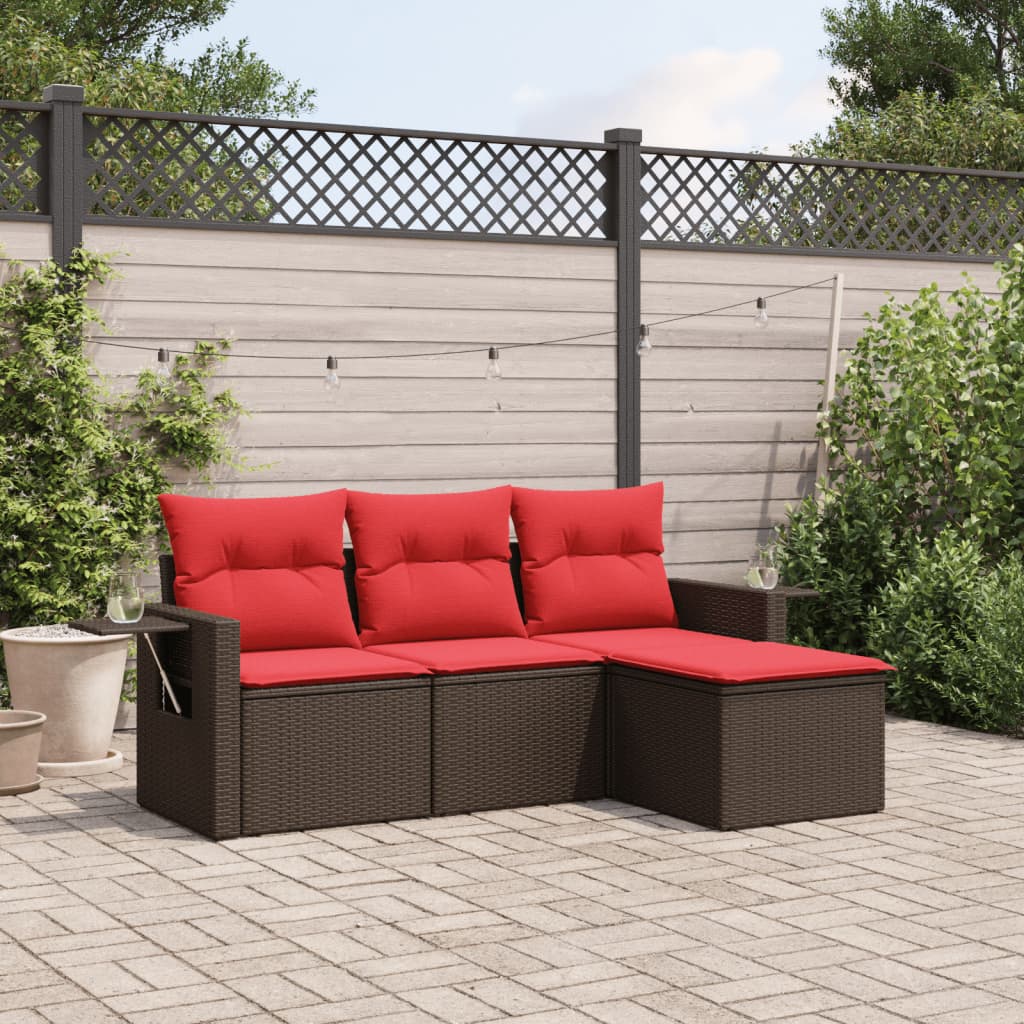 havesofasæt med 4 dele og hynder brun polyrattan