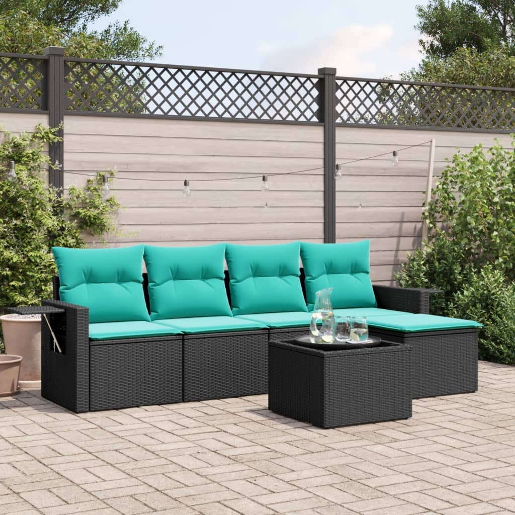 havesofasæt med 6 hynder sort polyrattan