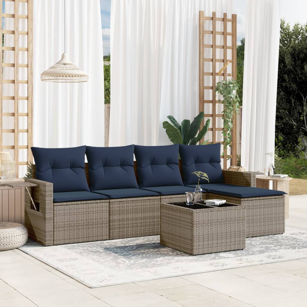 havesofasæt med 6 dele og hynder grå polyrattan