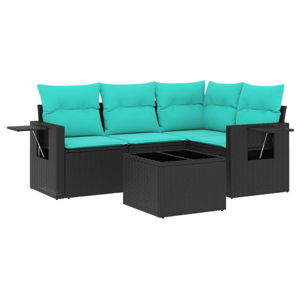 havesofasæt med 5 dele og hynder sort polyrattan