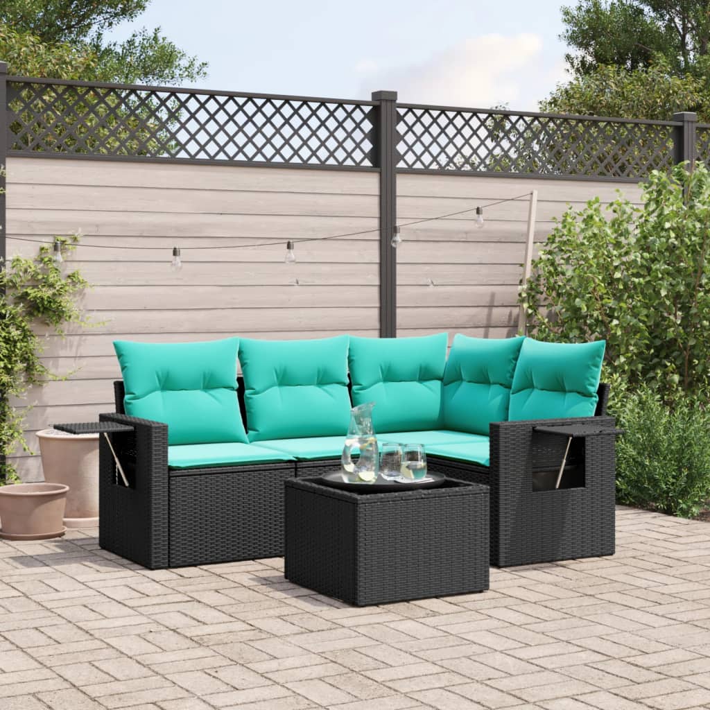 havesofasæt med 5 dele og hynder sort polyrattan
