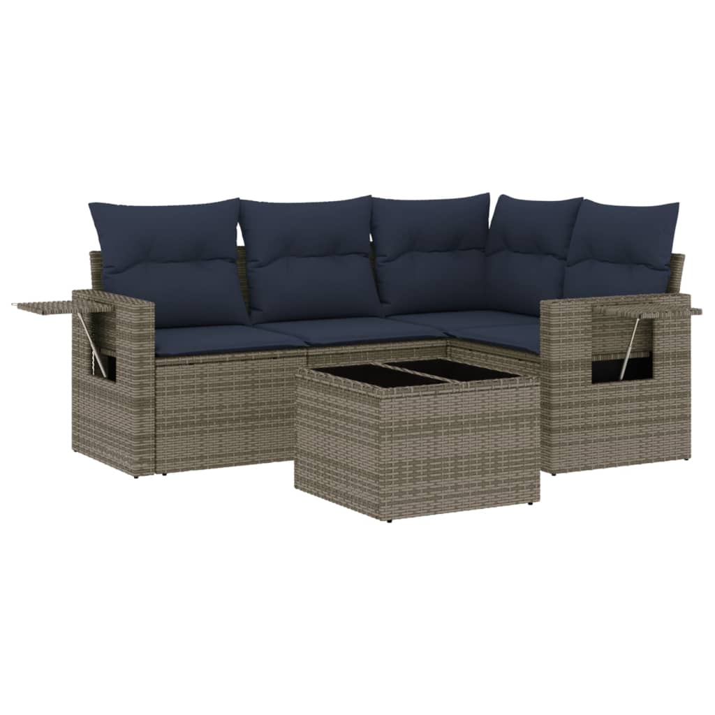 havesofasæt med 5 dele og hynder grå polyrattan