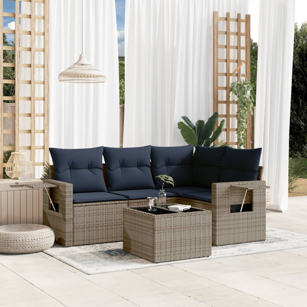 havesofasæt med 5 dele og hynder grå polyrattan
