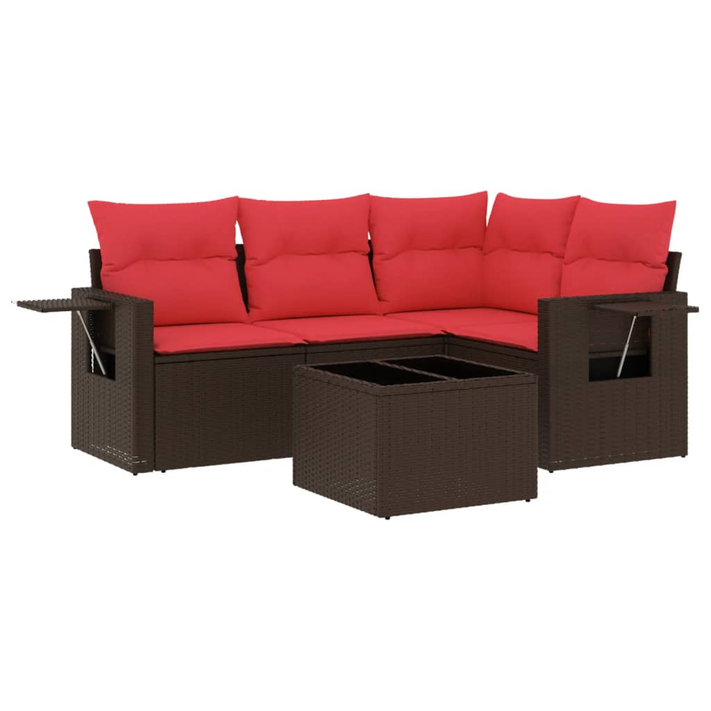 havesofasæt med 5 dele og hynder brun polyrattan