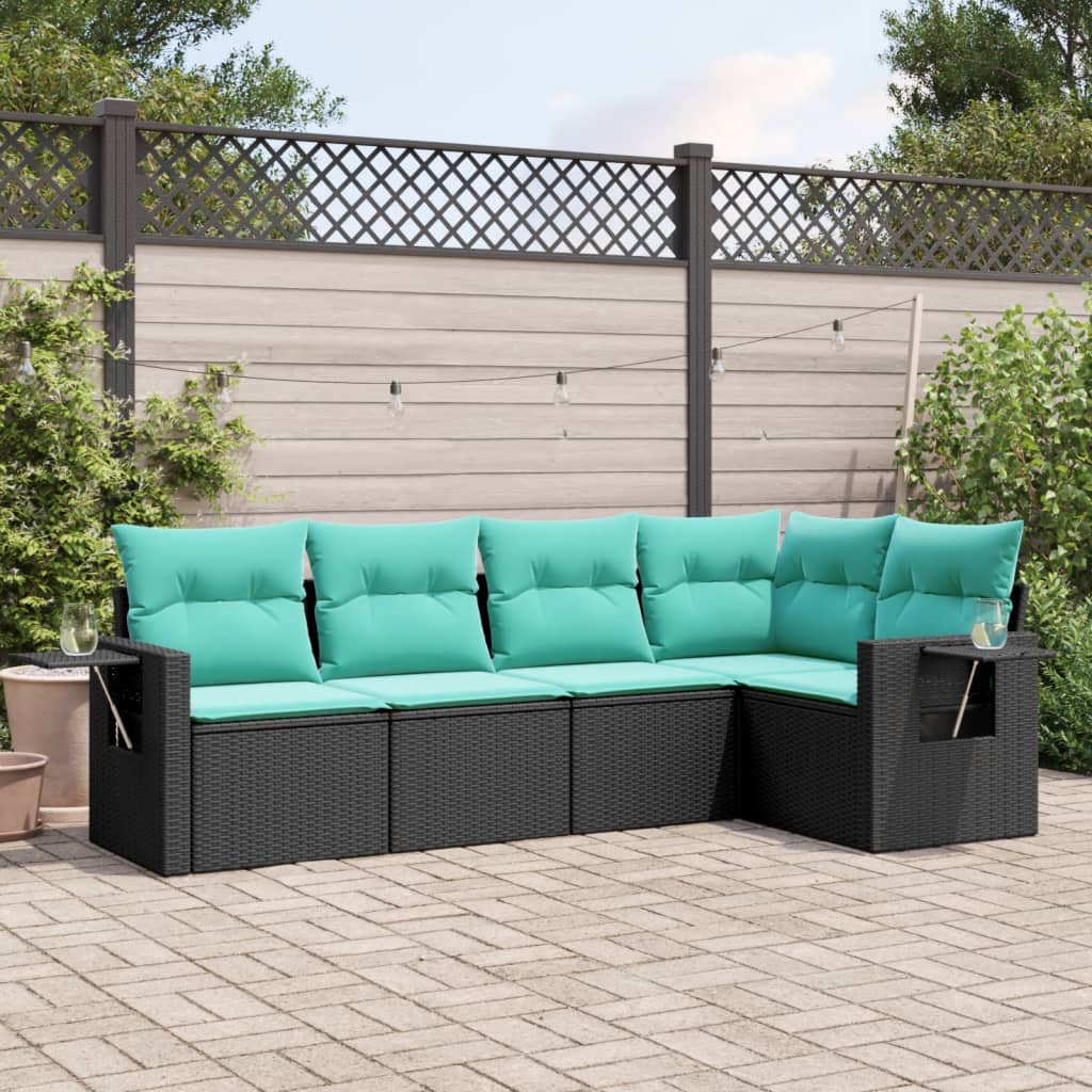 havesofasæt med 5 dele og hynder sort polyrattan