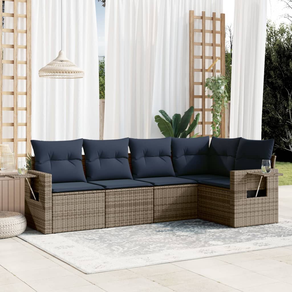 havesofasæt med 5 dele og hynder grå polyrattan