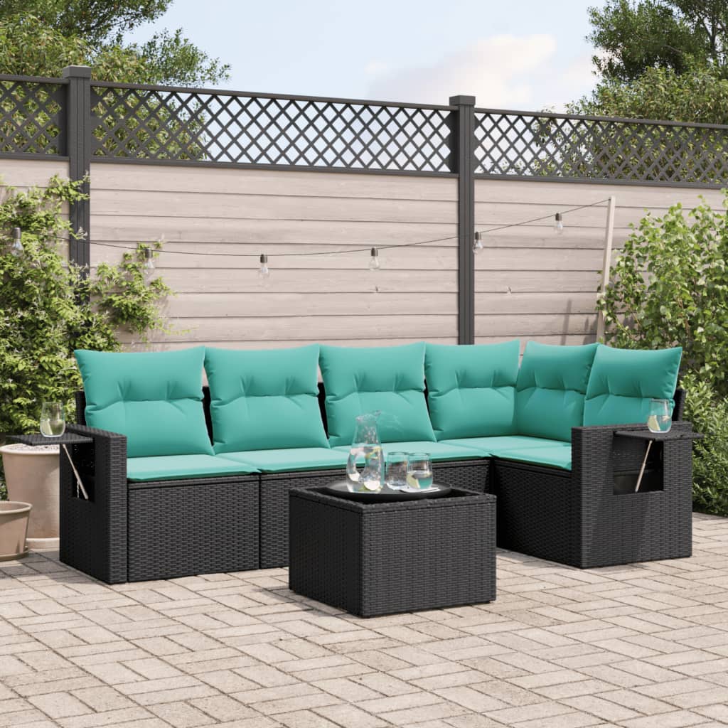 havesofasæt med 6 hynder sort polyrattan