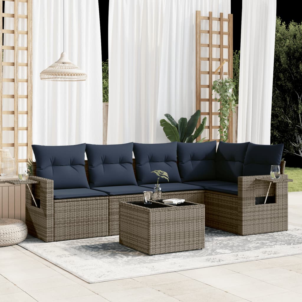 havesofasæt med 6 dele og hynder grå polyrattan