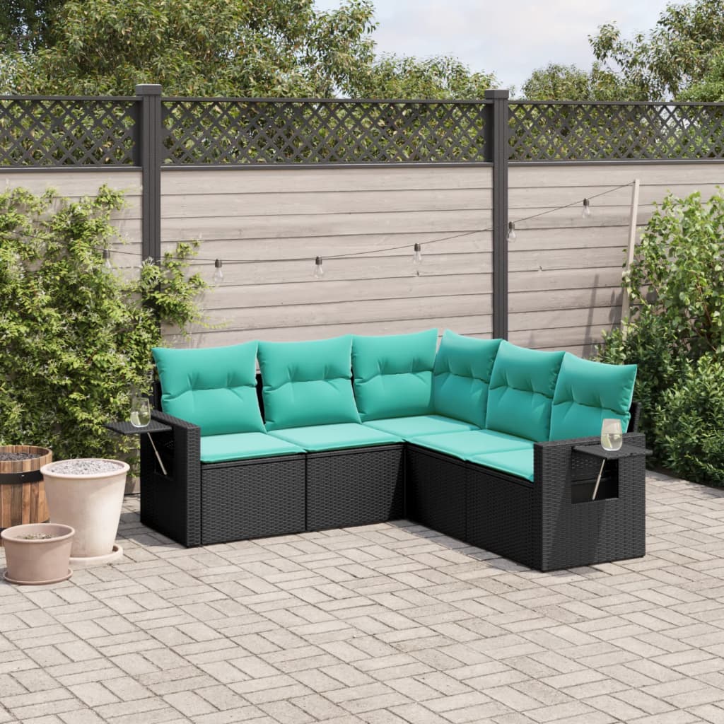 havesofasæt med 5 dele og hynder sort polyrattan
