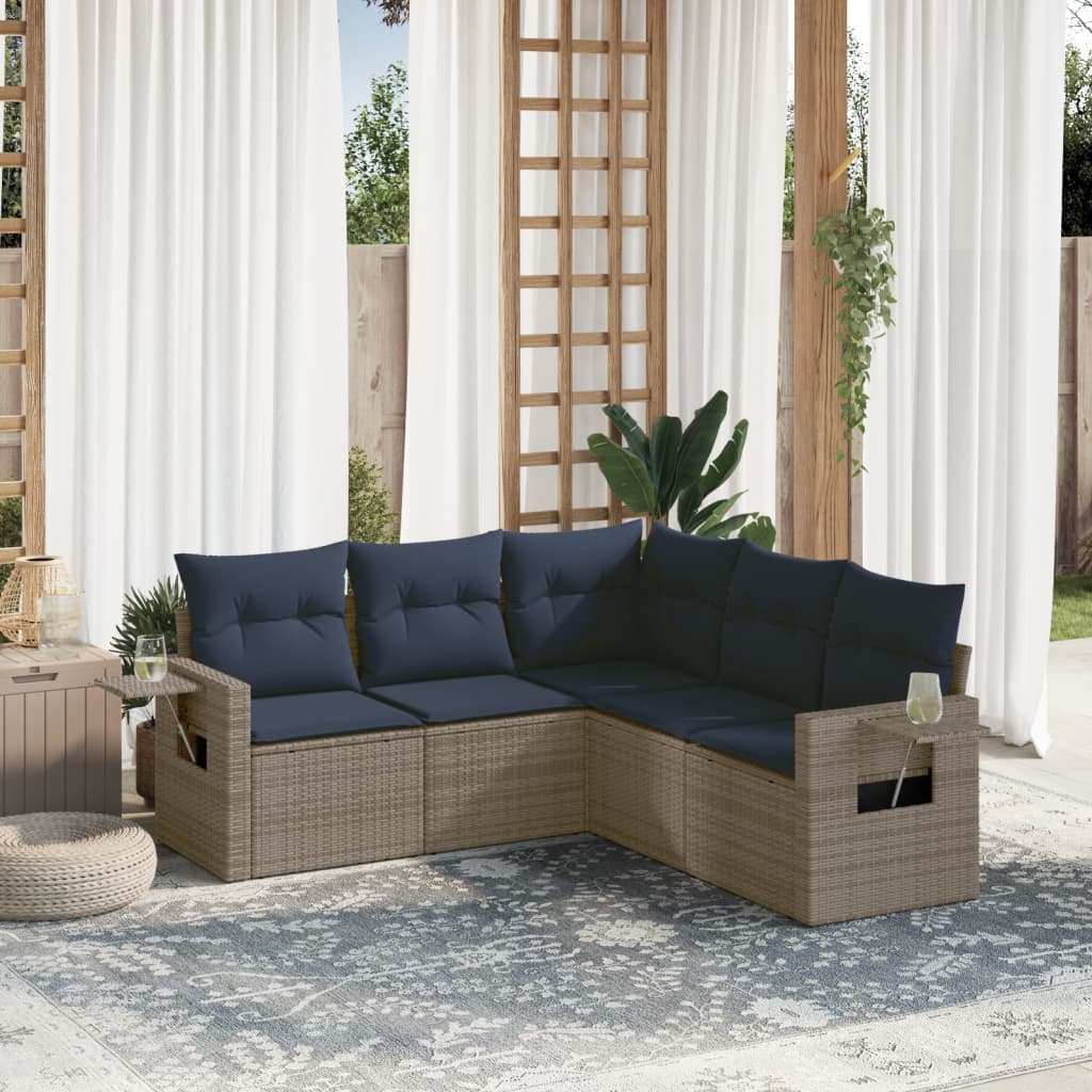havesofasæt med 5 dele og hynder grå polyrattan