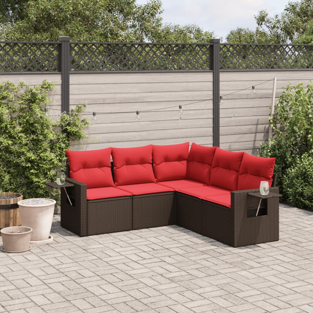 havesofasæt med 5 dele og hynder brun polyrattan