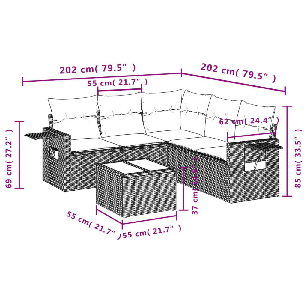 havesofasæt med 6 hynder sort polyrattan