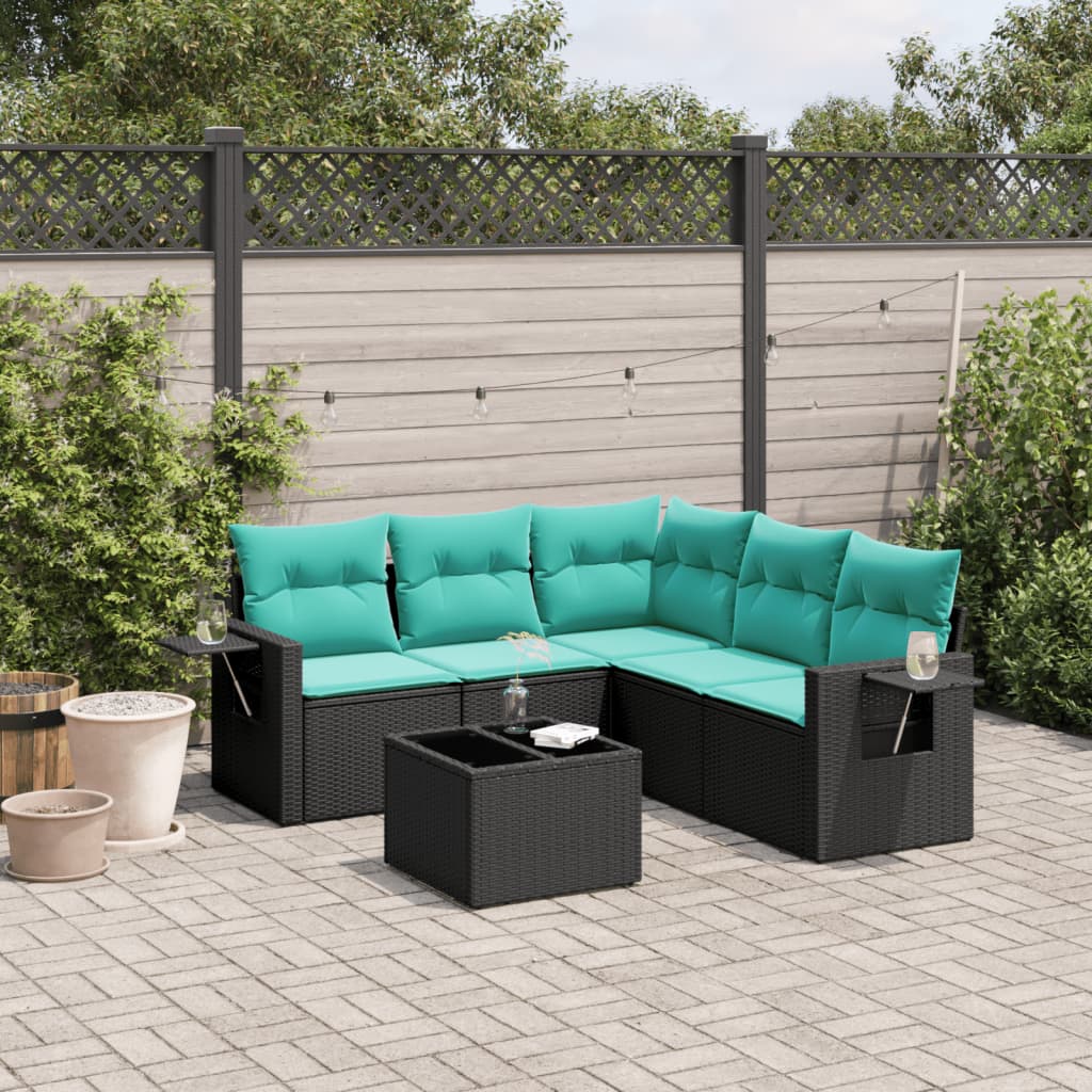 havesofasæt med 6 hynder sort polyrattan