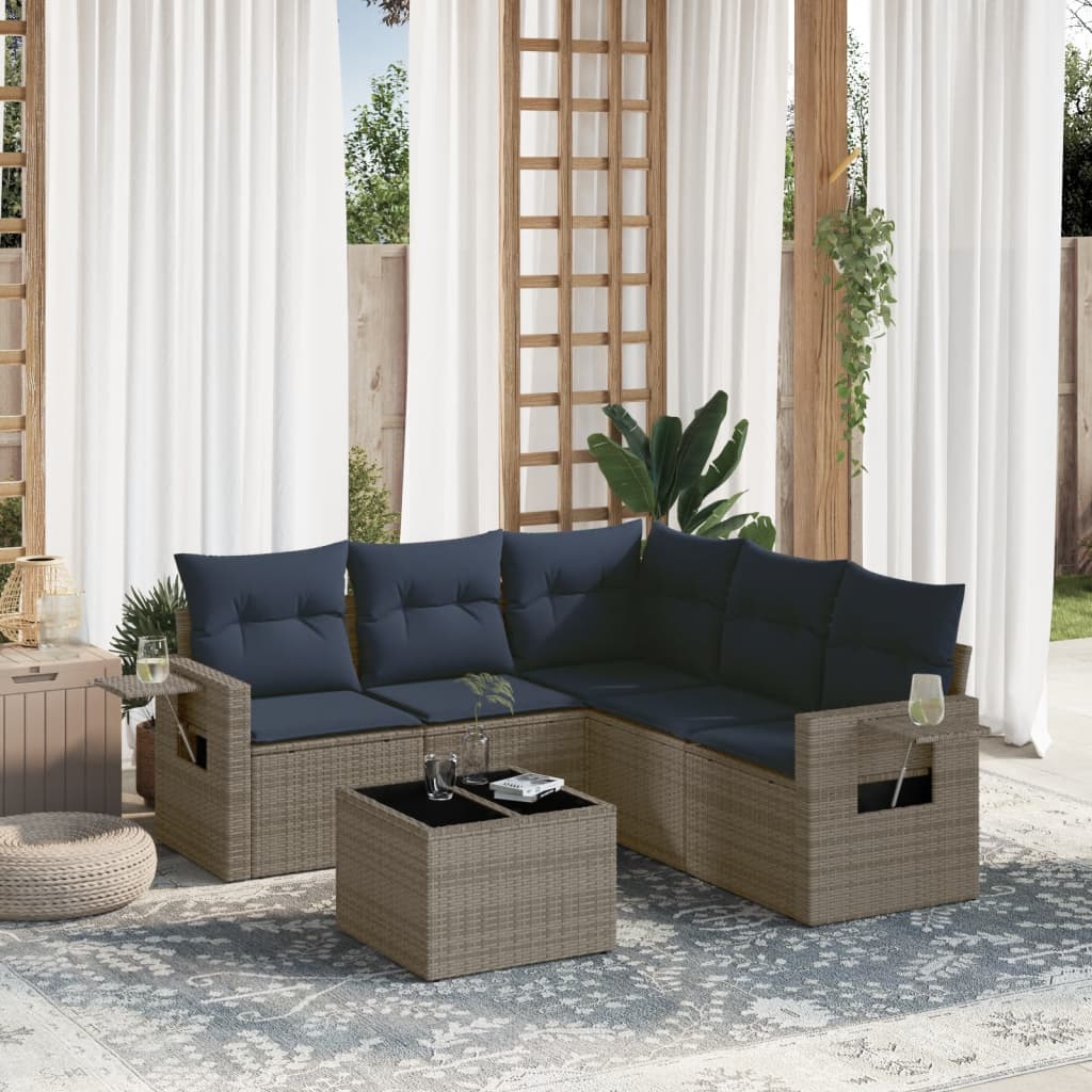 havesofasæt med 6 dele og hynder grå polyrattan