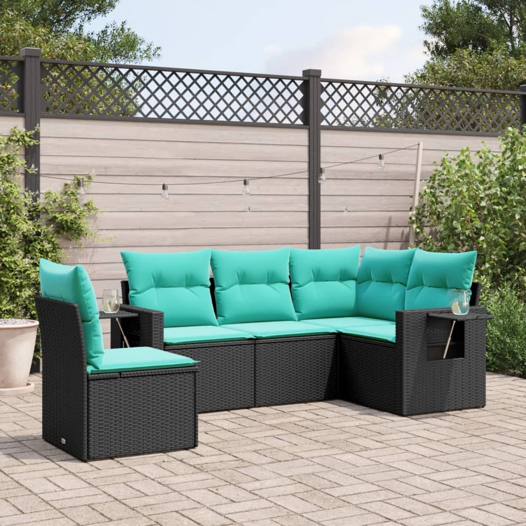 havesofasæt med 5 dele og hynder sort polyrattan