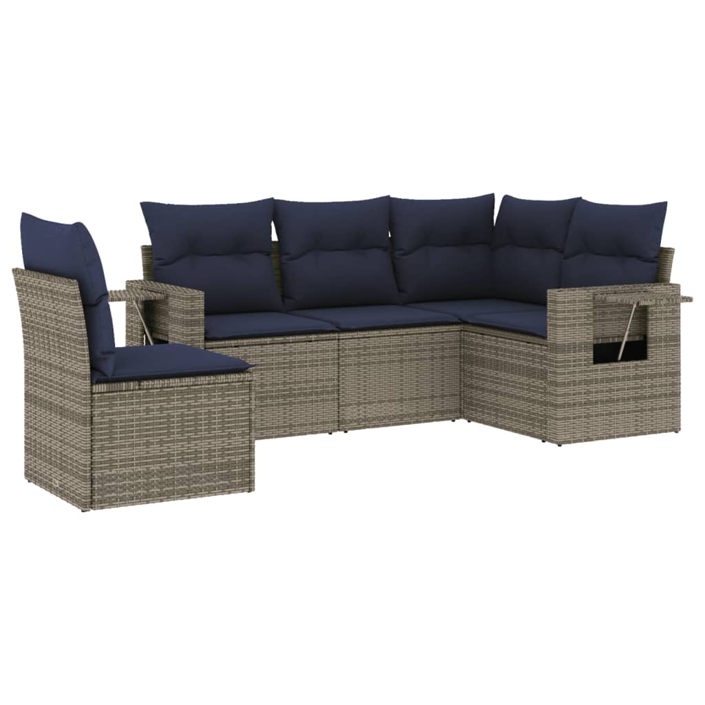 havesofasæt med 5 dele og hynder grå polyrattan