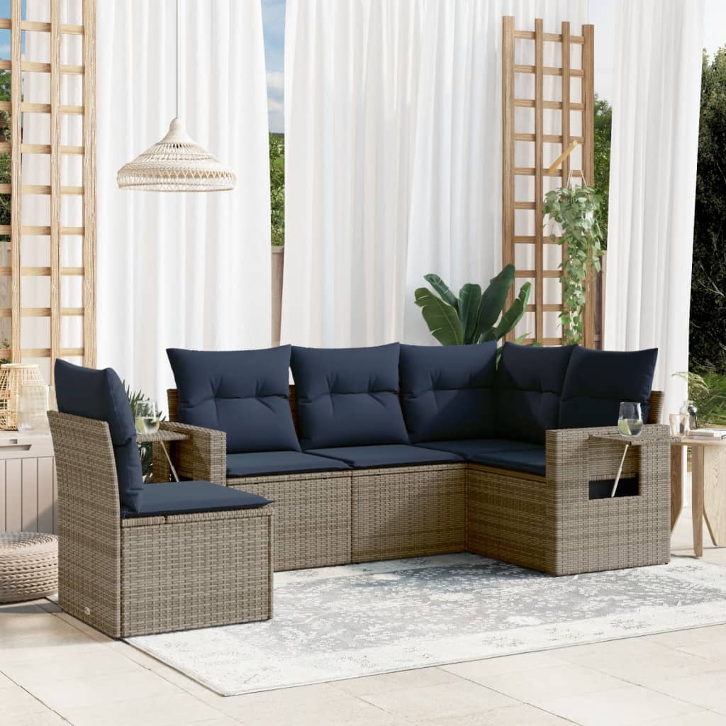 havesofasæt med 5 dele og hynder grå polyrattan