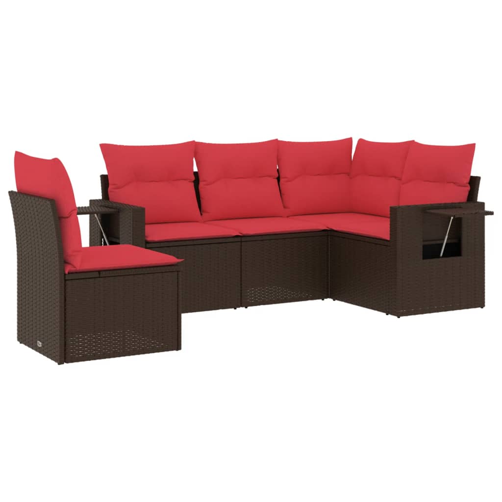 havesofasæt med 5 dele og hynder brun polyrattan
