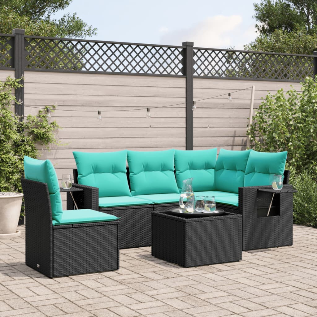 havesofasæt med 6 hynder sort polyrattan