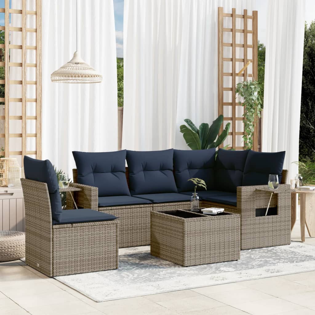 havesofasæt med 6 dele og hynder grå polyrattan