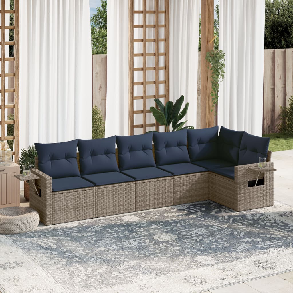 havesofasæt med 6 dele og hynder grå polyrattan
