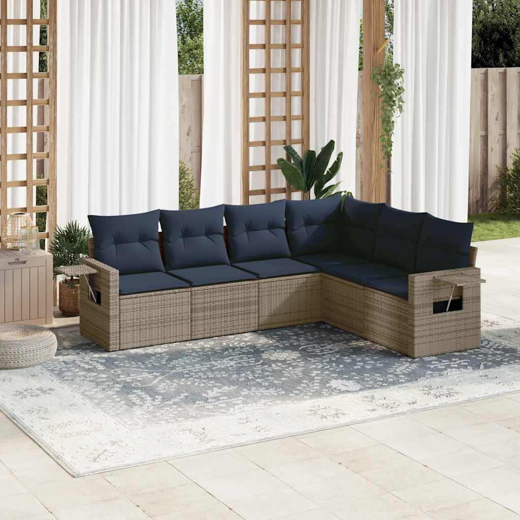 havesofasæt med 6 dele og hynder grå polyrattan
