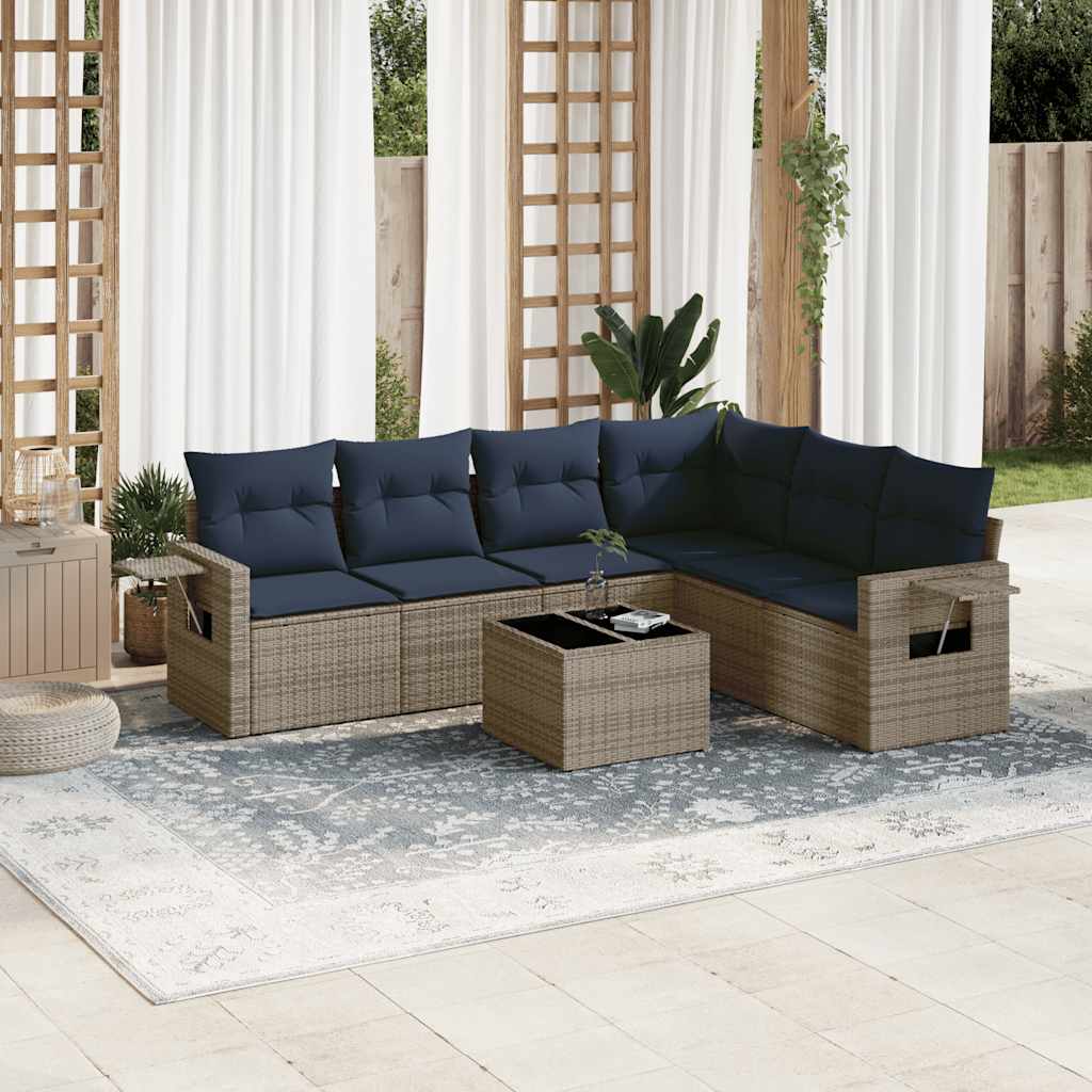 havesofasæt med 7 dele og hynder grå polyrattan