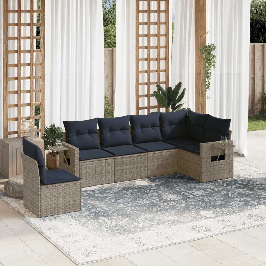 havesofasæt med 6 dele og hynder grå polyrattan