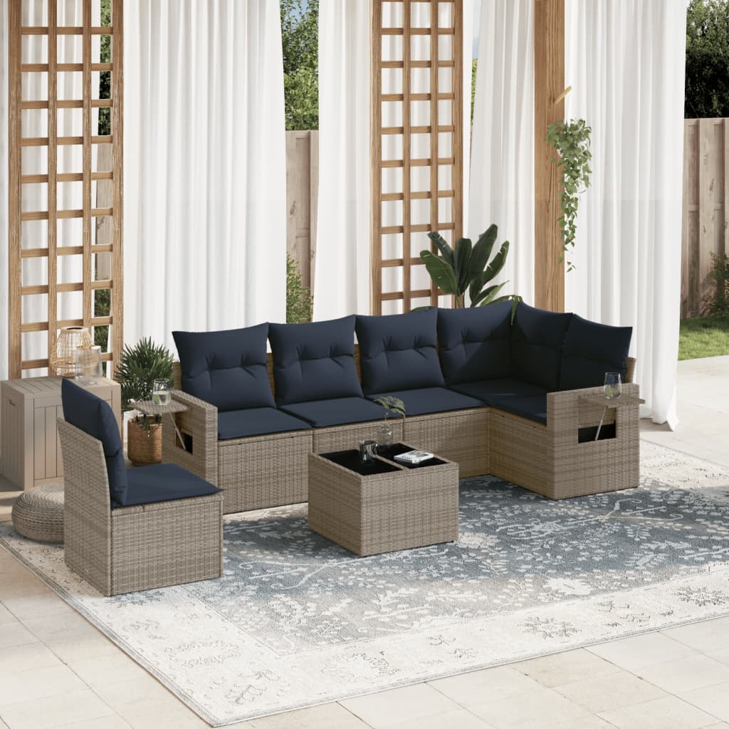 havesofasæt med 7 dele og hynder grå polyrattan