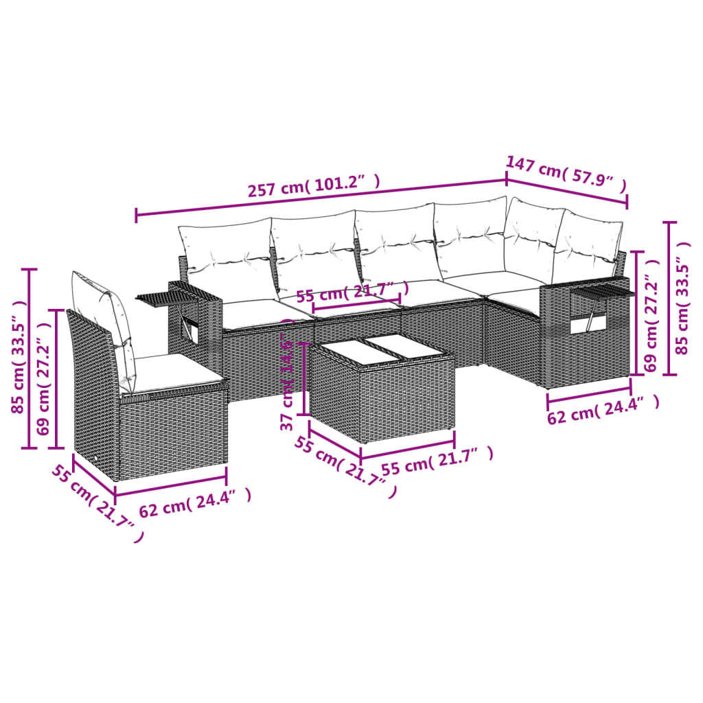 havesofasæt med 7 hynder brun polyrattan