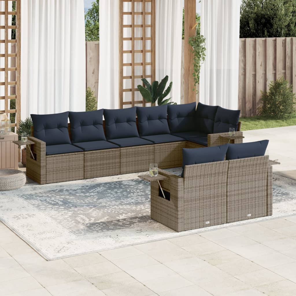 havesofasæt med 8 hynder grå polyrattan