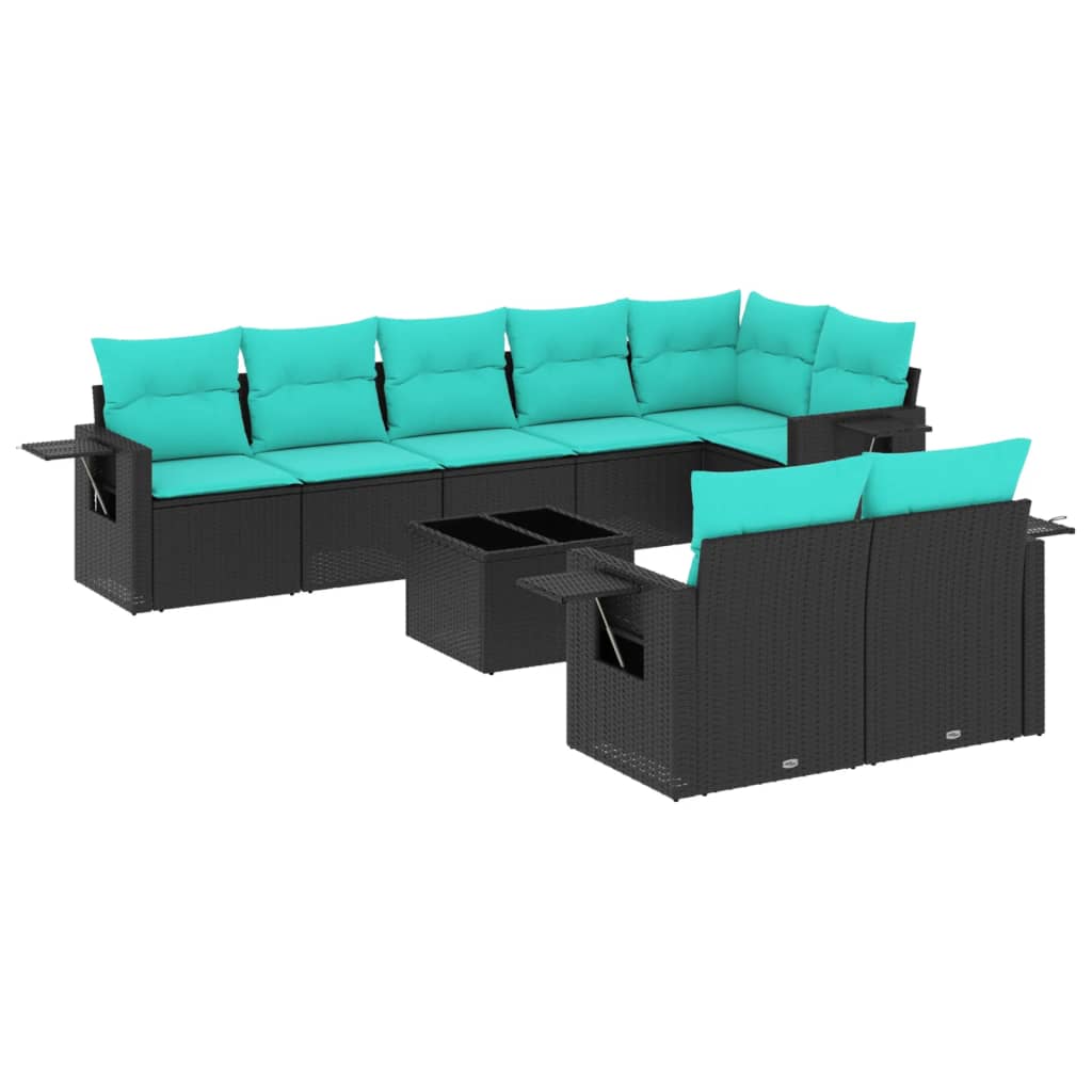 havesofasæt med 9 dele og hynder sort polyrattan