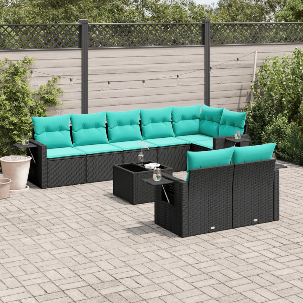 havesofasæt med 9 dele og hynder sort polyrattan