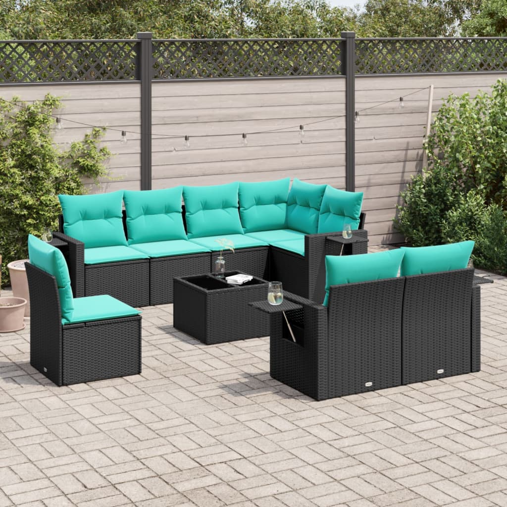 havesofasæt med 9 dele og hynder sort polyrattan