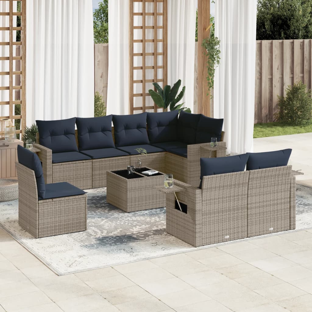 havesofasæt med 9 dele og hynder grå polyrattan