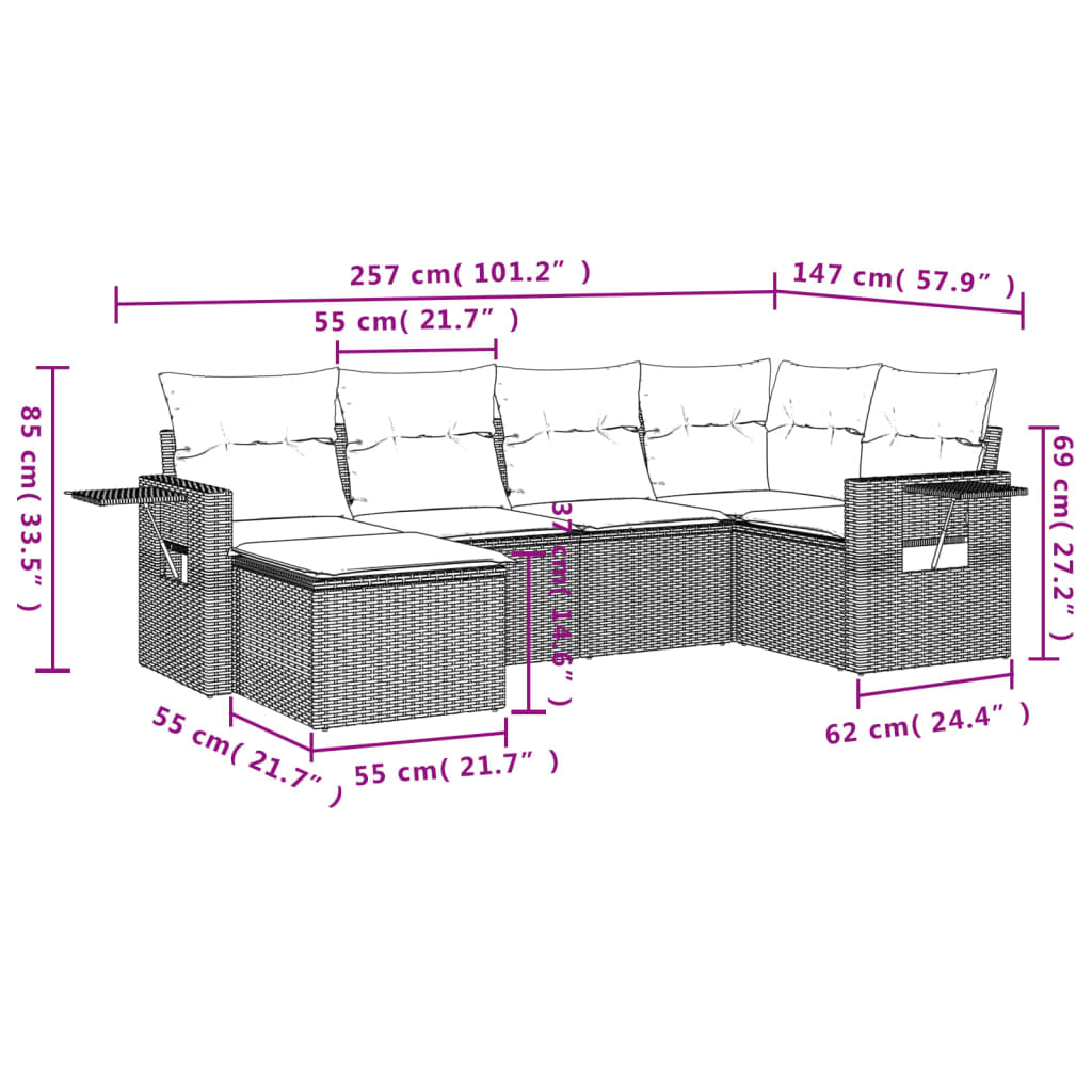 havesofasæt med 6 hynder sort polyrattan