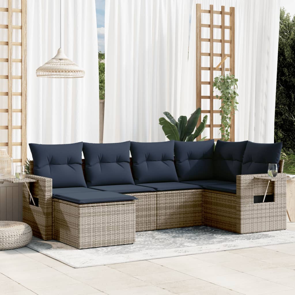 havesofasæt med 6 dele og hynder grå polyrattan