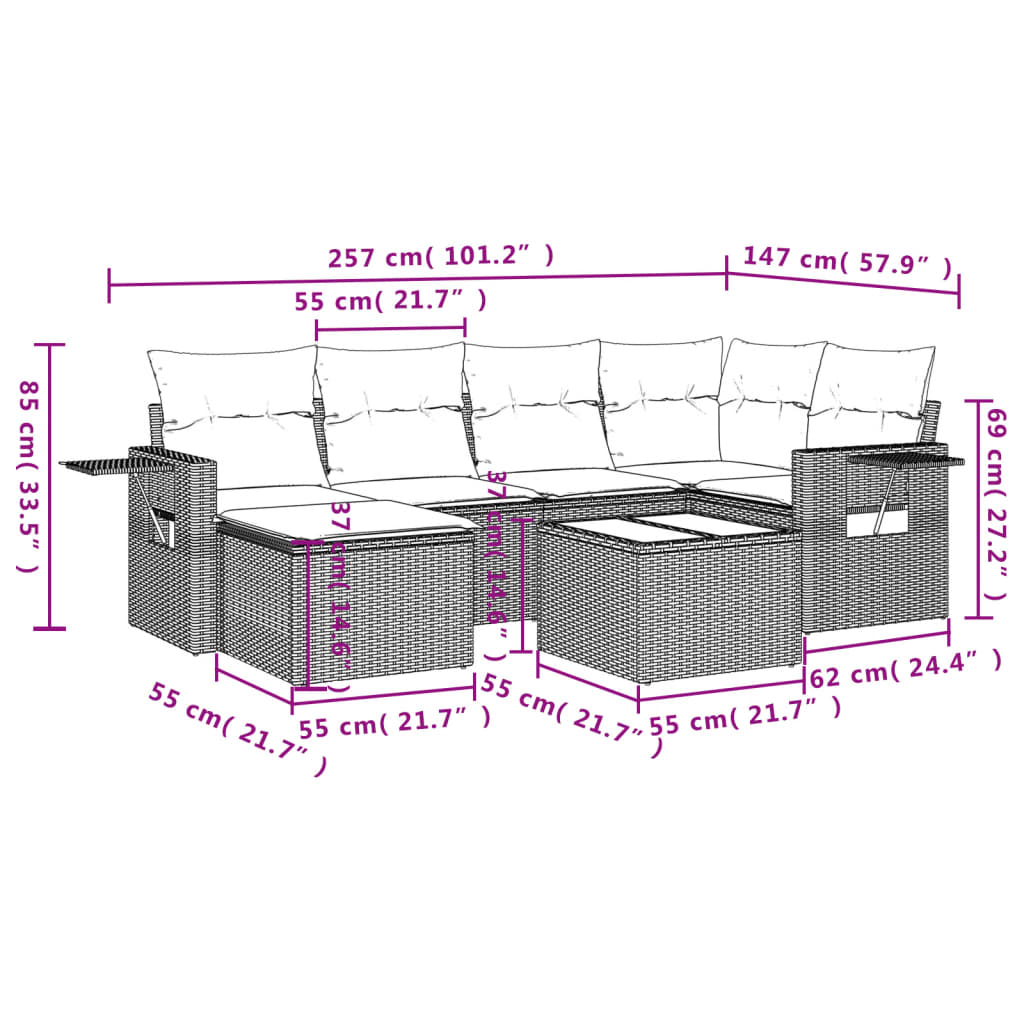 havesofasæt med 7 hynder sort polyrattan