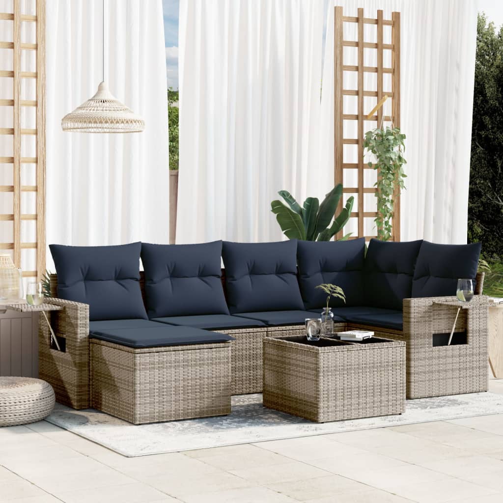 havesofasæt med 7 dele og hynder grå polyrattan
