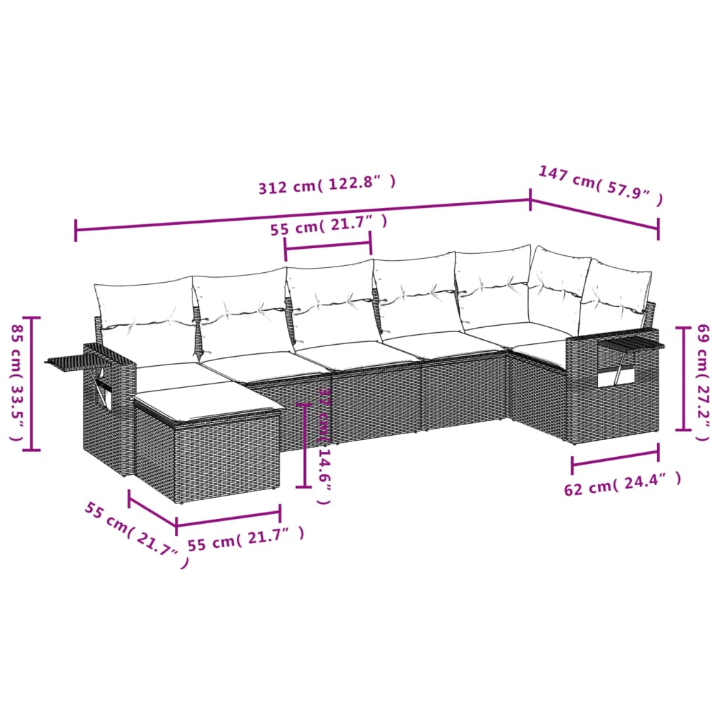 havesofasæt med 7 dele og hynder grå polyrattan
