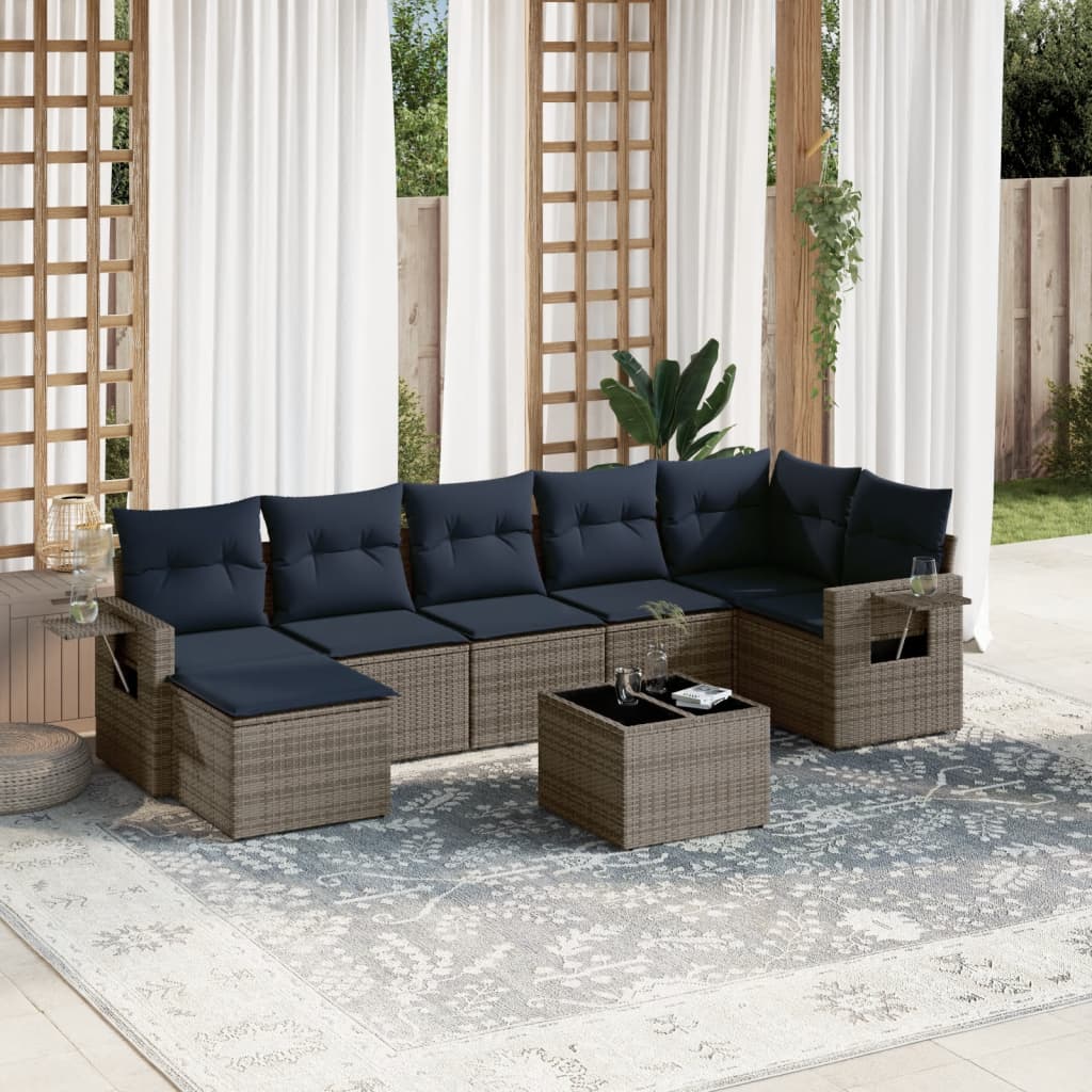 havesofasæt med 8 hynder grå polyrattan