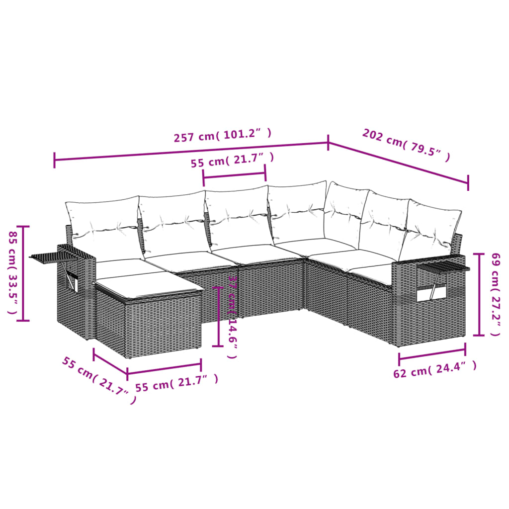 havesofasæt med 7 hynder sort polyrattan