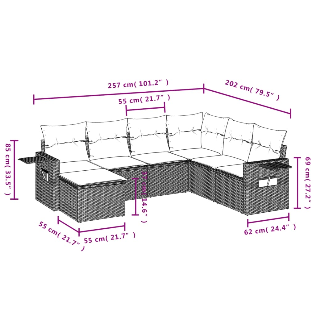 havesofasæt med 7 hynder brun polyrattan