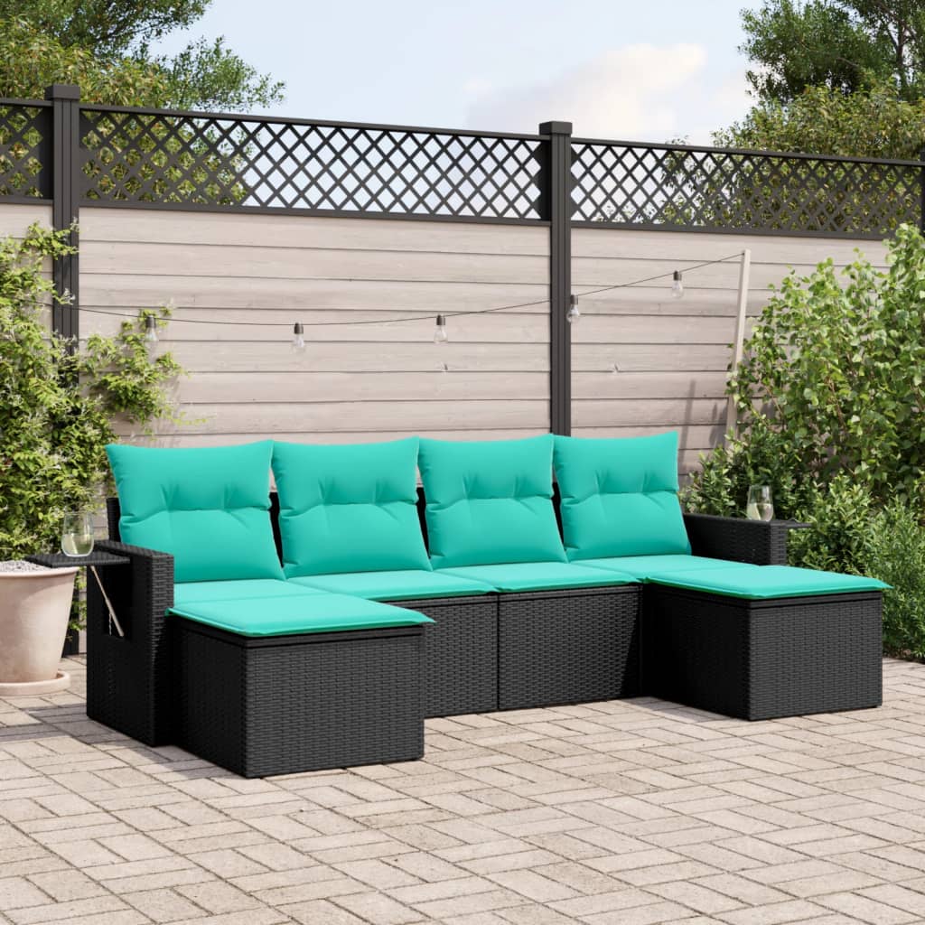 havesofasæt med 6 hynder sort polyrattan
