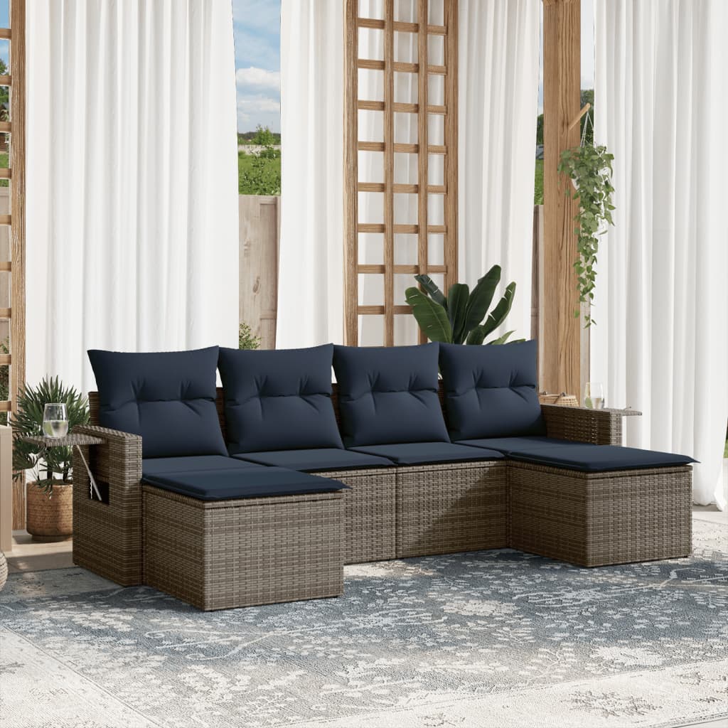 havesofasæt med 6 dele og hynder grå polyrattan